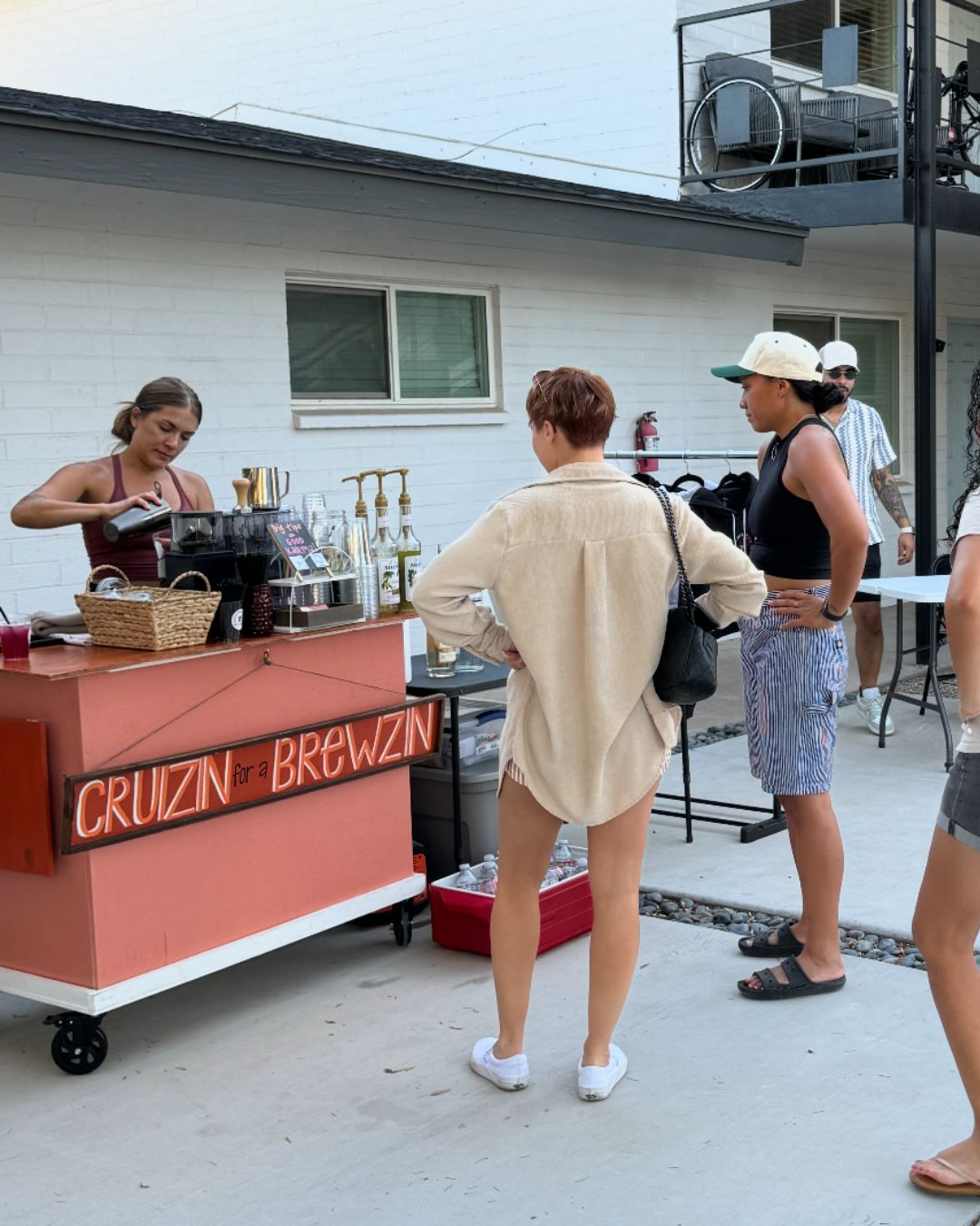 Outdoor mobile bar service with customers